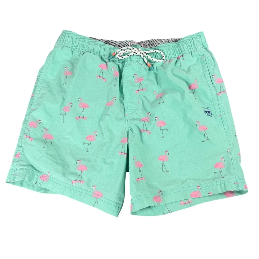 Party Pants Mens Mint Green Flamingo Skateboard Print Swim Trunks Medium